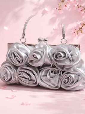 New - Silver Rosette Satin Clutch Bag